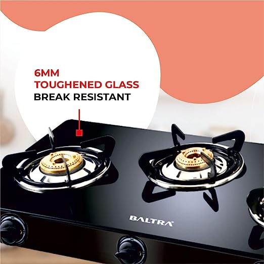 Baltra Glimmer Glass Top Gas Stove 3 Brass Burner Manual Ignition, Black (ISI Certified 2 year warranty with Doorstep Service) Baltra Glimmer Glass Top Gas Stove 3 Brass Burner Manual Ignition, Black (ISI Certified 2 year warranty with Doorstep Service)